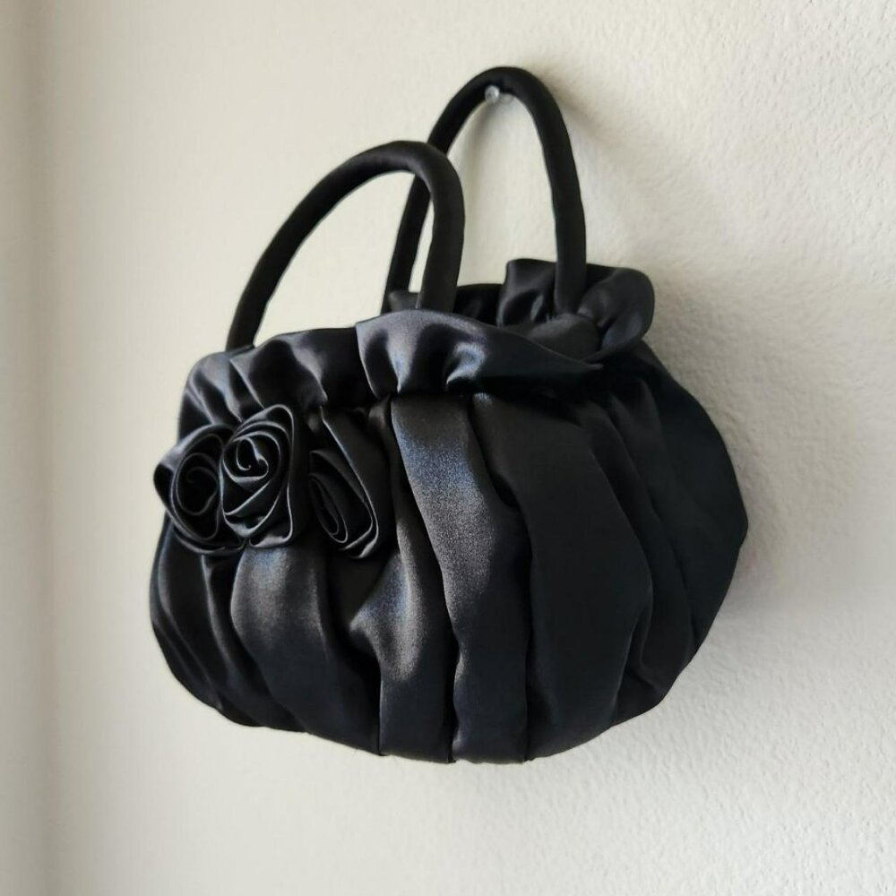 NaRaYa Black Satin Rose Evening Bag Clutch Purse Prom Wedding Y2K Occasion - Picture 3 of 8